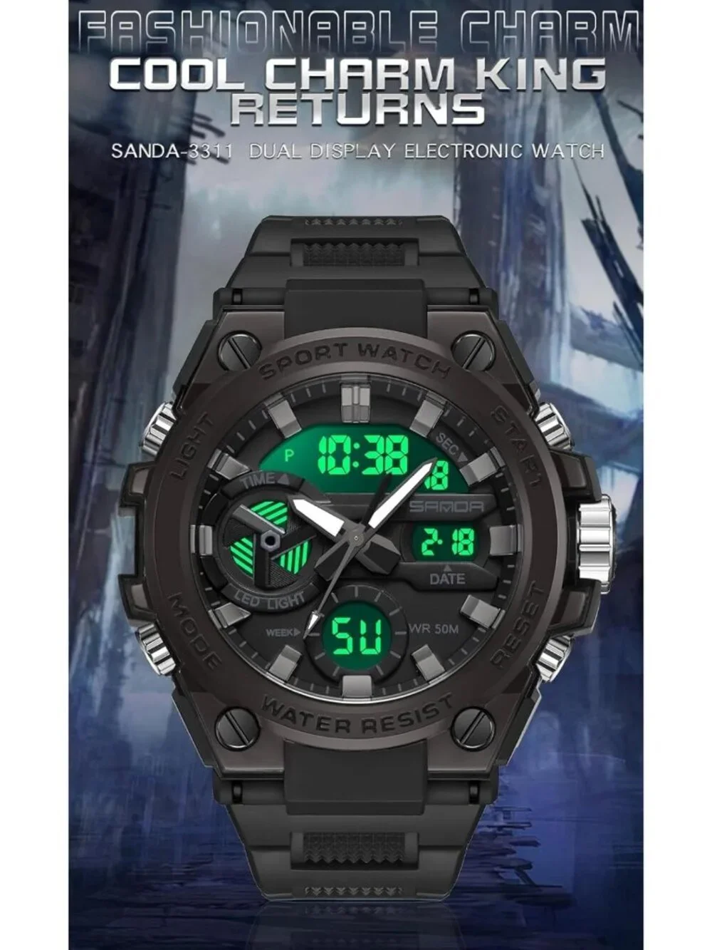 Men's All Black Analog Quartz Sports Waterproof Military Tactical Digital Watch